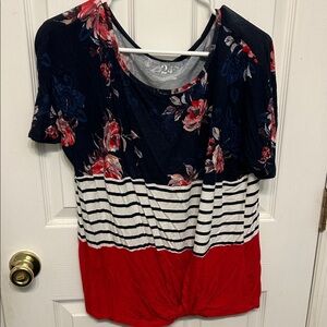 Elegant Floral and Striped Women's Top - Navy, Red, White